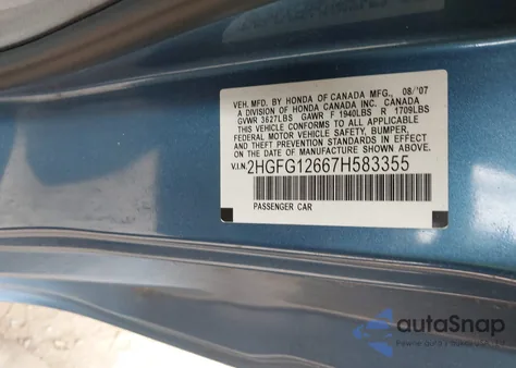 2007 Honda Civic Lx из США, поврежденный, VIN 2HGFG12667H583355